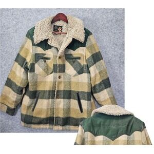 70s Western Sherpa Jacket Mens S Green Plaid VTG Sawtooth Ranch BONDS 21X29 FLAW
